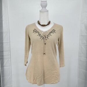 Style & Co Linen Cotton Knit Tunic Top S Beaded Tie Neck Neutral Boho Earthy
